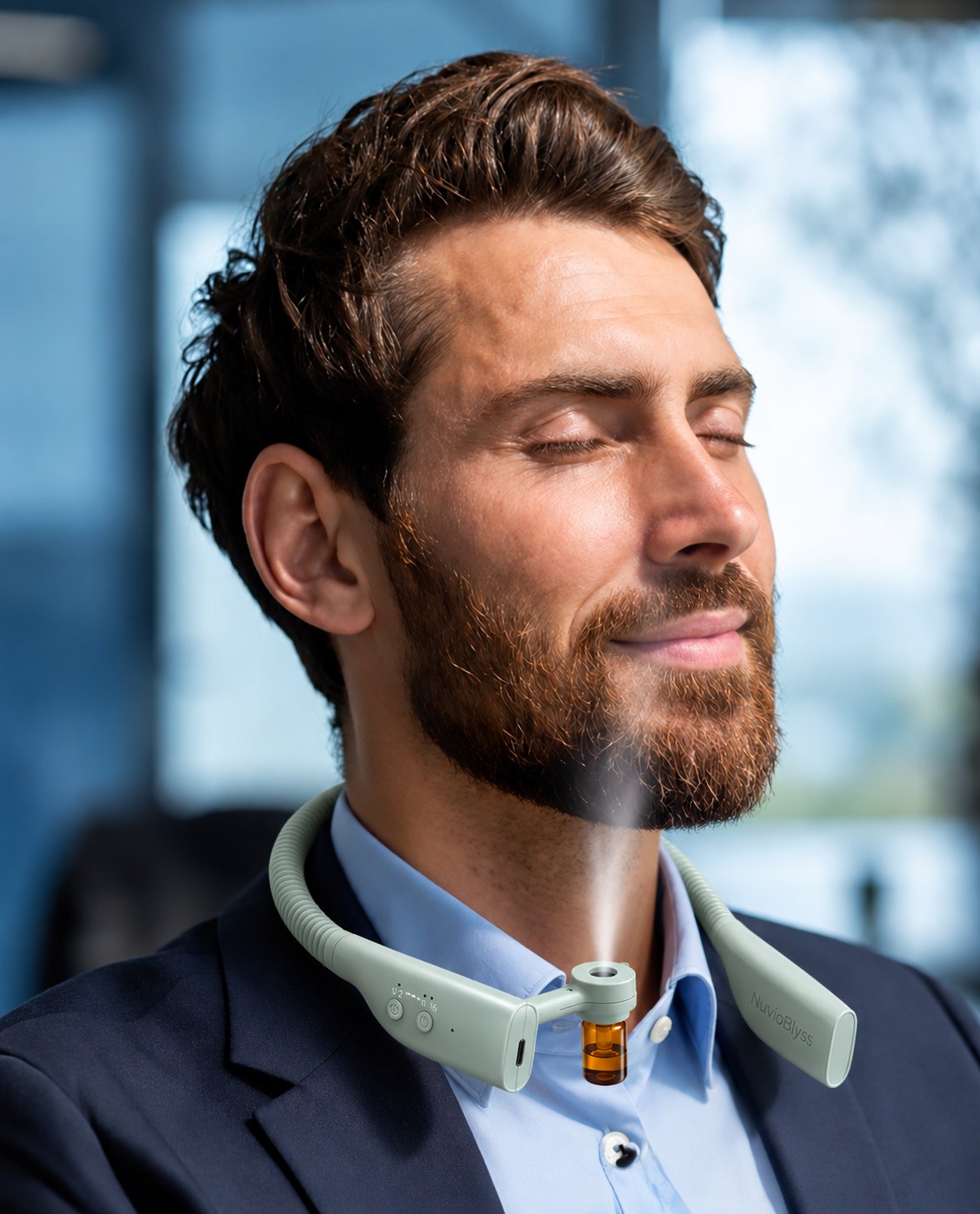 Un homme au bureau, les yeux fermés, porte le diffuseur NuvioBlyss